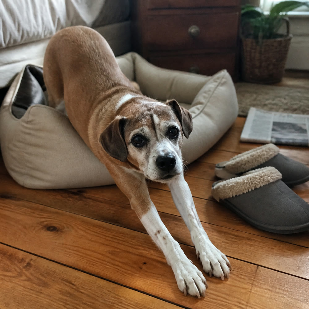 A dog stretching at home