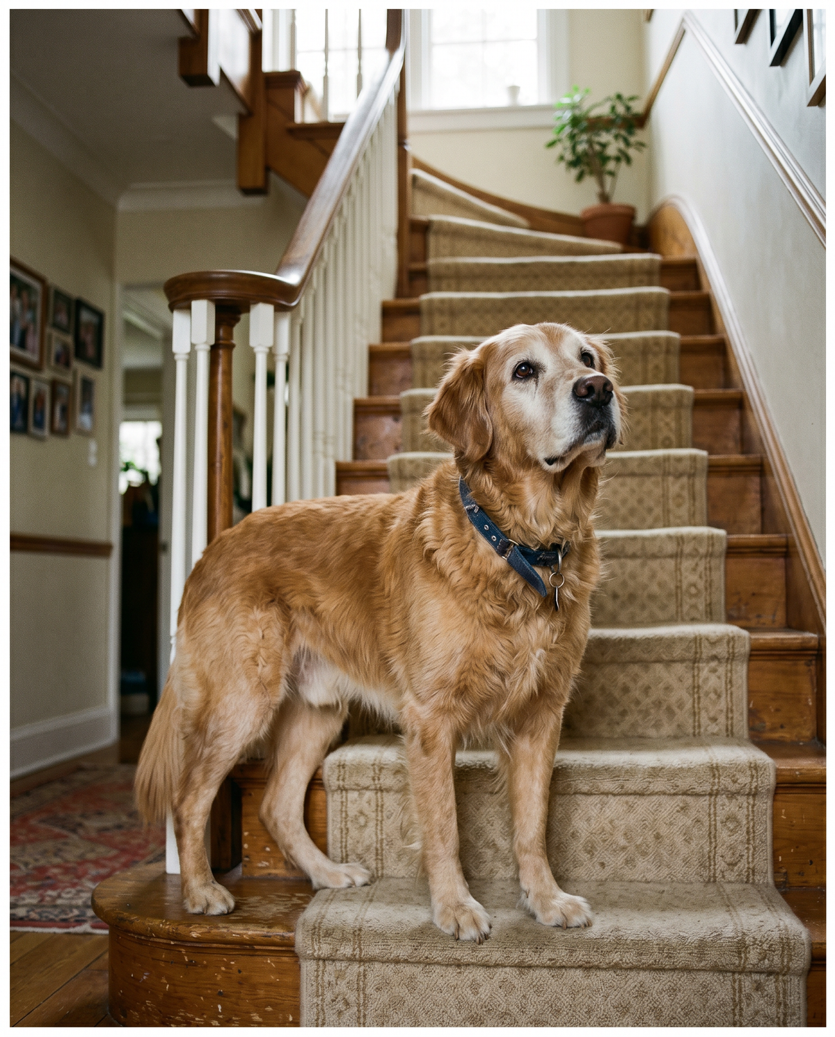 A senior dog at the stairs