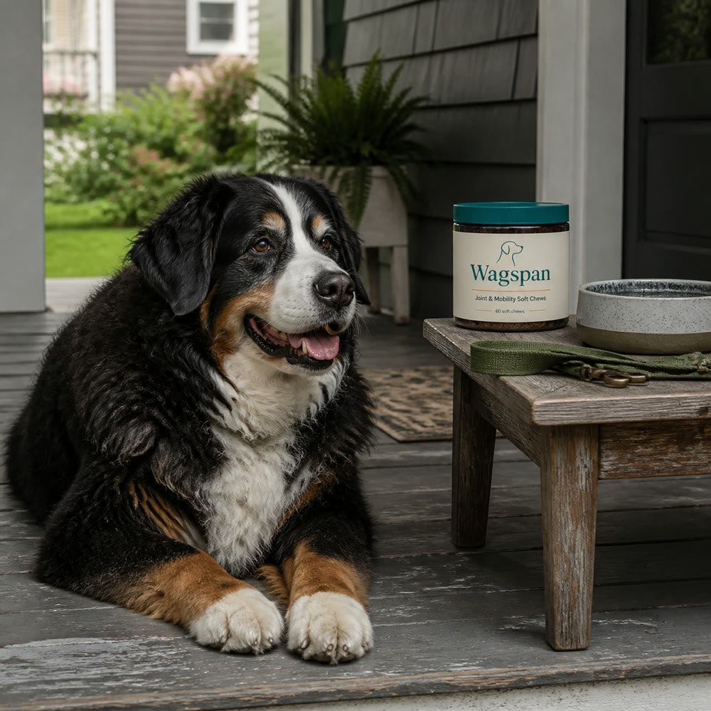 A large dog relaxing on a porch